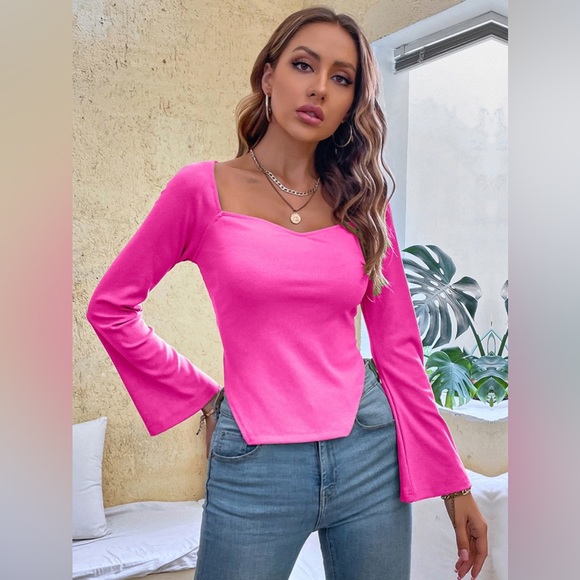 Slit Sweetheart Neck Flare Sleeve T-Shirt - Picture 1 of 15